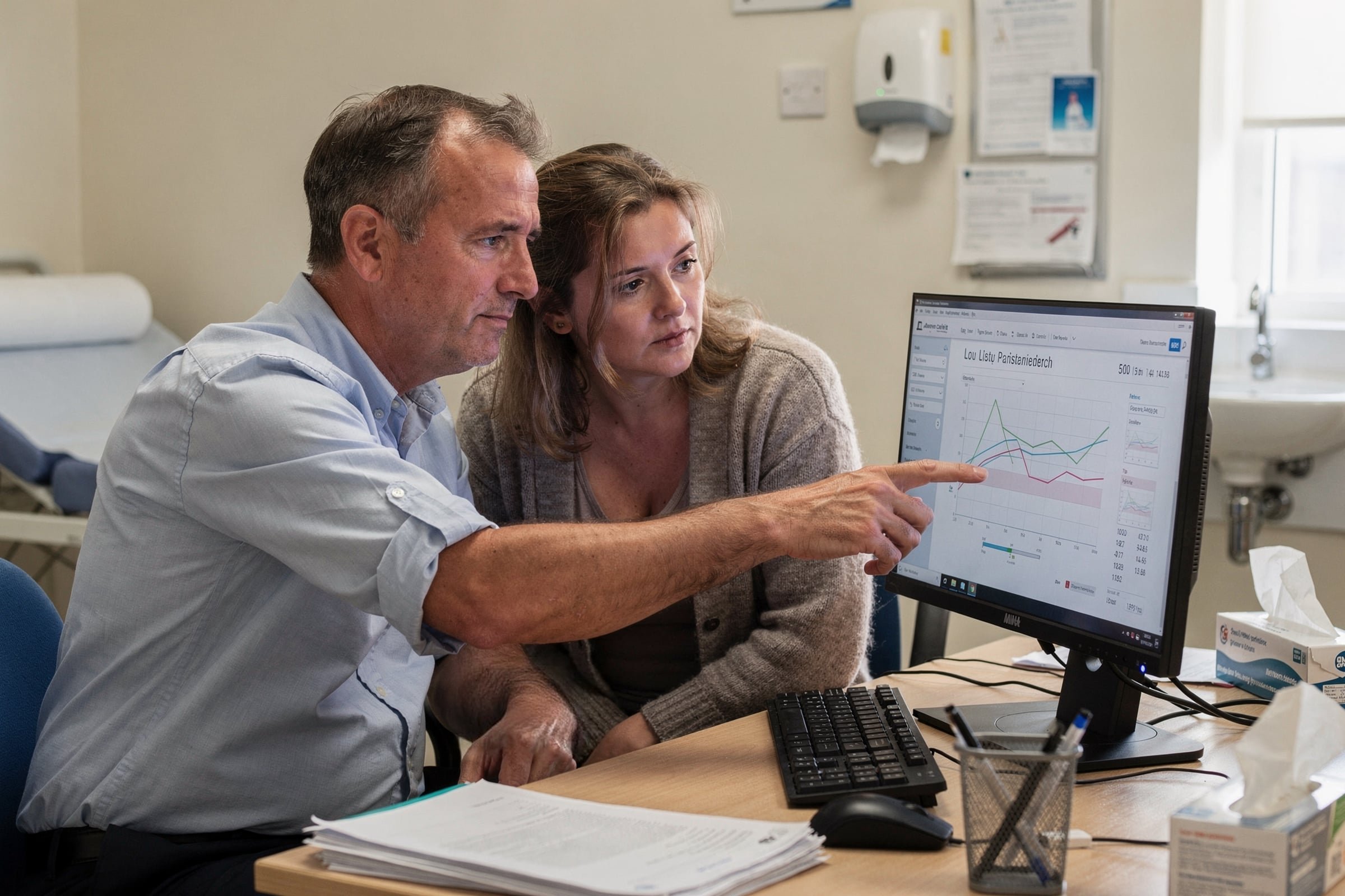 A consultant points at blood test charts on a computer screen as his patient, a woman with long covid, looks on in a clinic room